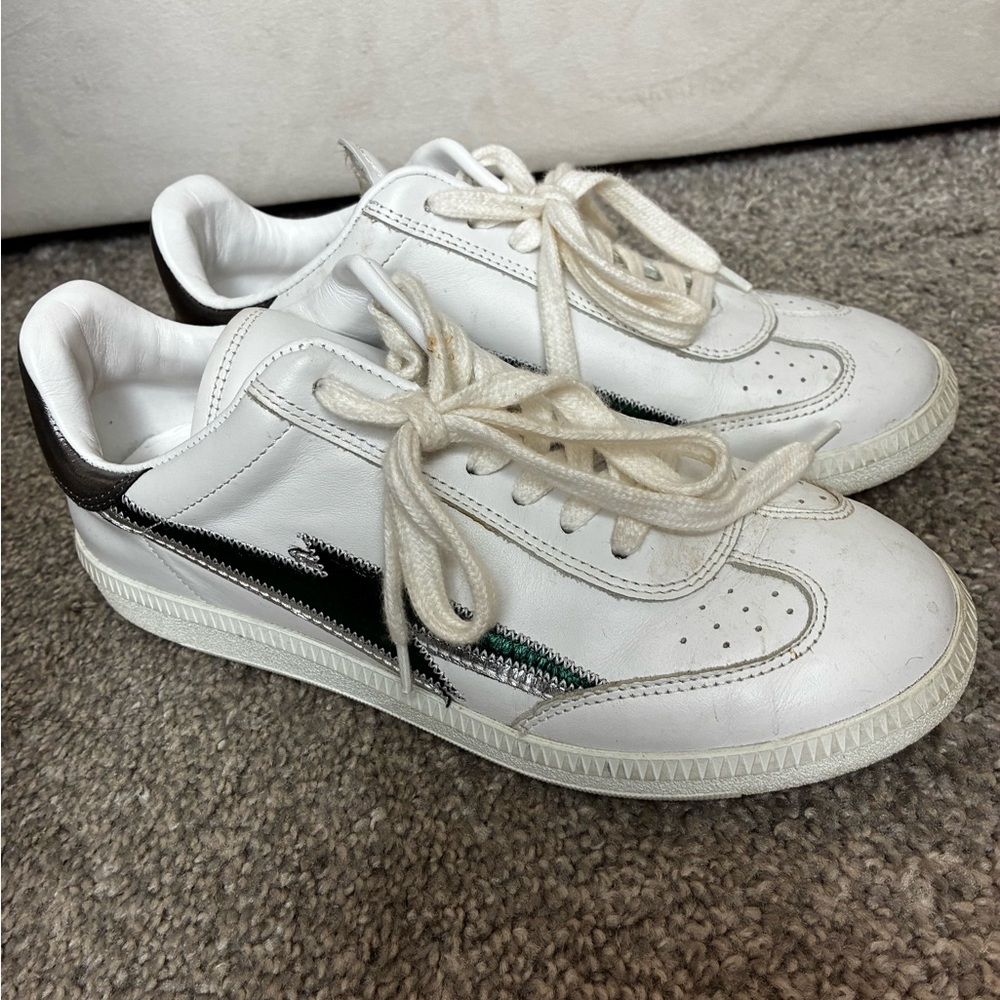 Isabel Marant Women White Leather Sneakers with Metallic Black Accent